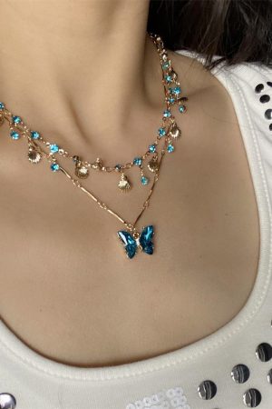 Layered Summer Blue Butterfly Necklace for Women - Trendy Clavicle Choker Neck Chain for Vacation Style