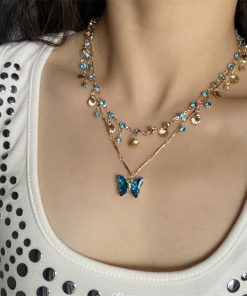Layered Summer Blue Butterfly Necklace for Women - Trendy Clavicle Choker Neck Chain for Vacation Style