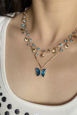 Layered Summer Blue Butterfly Necklace for Women - Trendy Clavicle Choker Neck Chain for Vacation Style