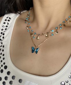 Layered Summer Blue Butterfly Necklace for Women - Trendy Clavicle Choker Neck Chain for Vacation Style