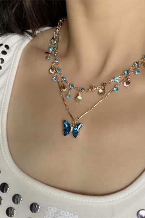 Layered Summer Blue Butterfly Necklace for Women - Trendy Clavicle Choker Neck Chain for Vacation Style