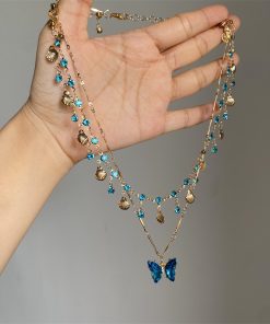 Layered Summer Blue Butterfly Necklace for Women - Trendy Clavicle Choker Neck Chain for Vacation Style