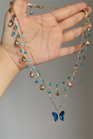 Layered Summer Blue Butterfly Necklace for Women - Trendy Clavicle Choker Neck Chain for Vacation Style