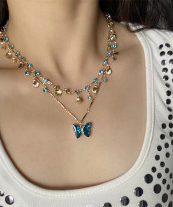 Layered Summer Blue Butterfly Necklace for Women - Trendy Clavicle Choker Neck Chain for Vacation Style