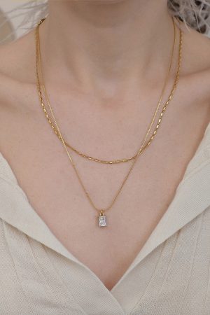 Layered Vintage Clavicle Chain Necklace with Zircon Pendant, Pig Nose Design, European & American Blogger Style for Women