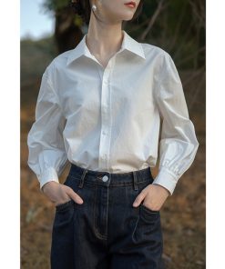 Layered White Long Sleeve Shirt for Women - French Style Casual Top for Spring & Autumn, Chic and Versatile Fashion Essential