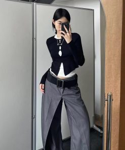 Layered Women's Outfit, Hollow Round Neck Long Sleeve Knitted Top, Reversible Slim-Fit Shirt for Fall, Casual Fashion