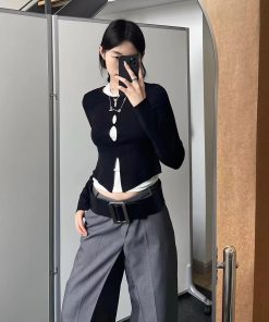 Layered Women's Outfit, Hollow Round Neck Long Sleeve Knitted Top, Reversible Slim-Fit Shirt for Fall, Casual Fashion