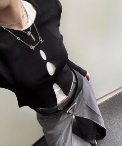 Layered Women's Outfit, Hollow Round Neck Long Sleeve Knitted Top, Reversible Slim-Fit Shirt for Fall, Casual Fashion