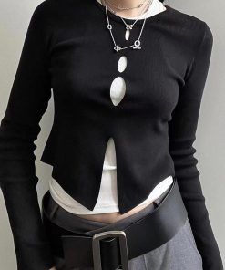 Layered Women's Outfit, Hollow Round Neck Long Sleeve Knitted Top, Reversible Slim-Fit Shirt for Fall, Casual Fashion