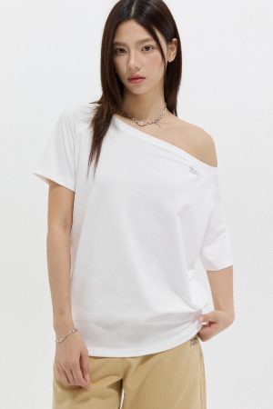 Lazy Off-Shoulder Short Sleeve T-Shirt for Women - 2025 Summer Casual Versatile Loose Top, Fashionable Y2K Style