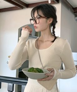 Lemay Square-Neck Ribbed Knit T-Shirt - Korean Style Essential for Layering, Perfect for Y2K and 90s Fashion Lovers