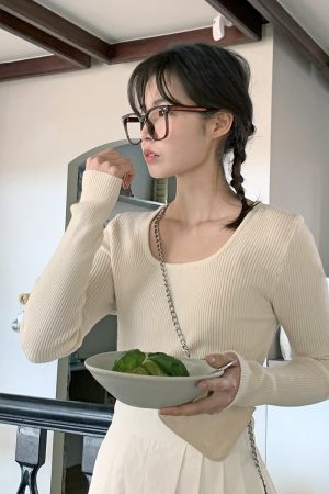Lemay Square-Neck Ribbed Knit T-Shirt - Korean Style Essential for Layering, Perfect for Y2K and 90s Fashion Lovers