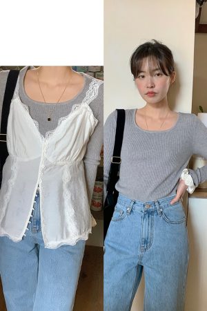 Lemay Square-Neck Ribbed Knit T-Shirt - Korean Style Essential for Layering, Perfect for Y2K and 90s Fashion Lovers