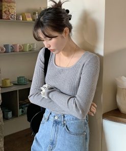 Lemay Square-Neck Ribbed Knit T-Shirt - Korean Style Essential for Layering, Perfect for Y2K and 90s Fashion Lovers