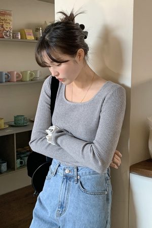 Lemay Square-Neck Ribbed Knit T-Shirt - Korean Style Essential for Layering, Perfect for Y2K and 90s Fashion Lovers
