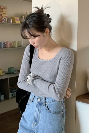 Lemay Square-Neck Ribbed Knit T-Shirt - Korean Style Essential for Layering, Perfect for Y2K and 90s Fashion Lovers