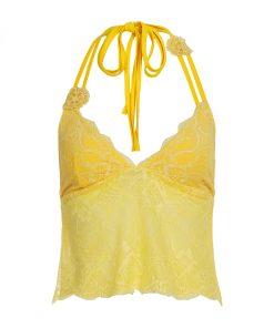 Lemon Flavor Summer Lace Spliced Bustier Halter Backless Loose Short Top - Versatile Y2K Style for Effortless Summer Fashion