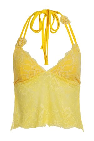 Lemon Flavor Summer Lace Spliced Bustier Halter Backless Loose Short Top - Versatile Y2K Style for Effortless Summer Fashion