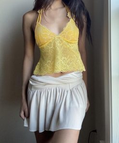 Lemon Flavor Summer Lace Spliced Bustier Halter Backless Loose Short Top - Versatile Y2K Style for Effortless Summer Fashion
