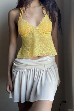 Lemon Flavor Summer Lace Spliced Bustier Halter Backless Loose Short Top - Versatile Y2K Style for Effortless Summer Fashion