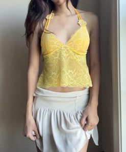 Lemon Flavor Summer Lace Spliced Bustier Halter Backless Loose Short Top - Versatile Y2K Style for Effortless Summer Fashion