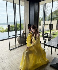 Lemon Print Lotus Leaf Sleeve Top and Flared Skirt Two-Piece Mid-Length Dress Set for Summer, Y2K Style