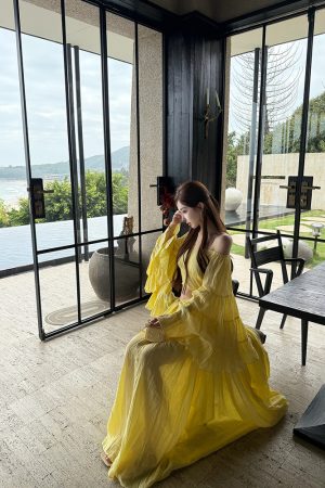 Lemon Print Lotus Leaf Sleeve Top and Flared Skirt Two-Piece Mid-Length Dress Set for Summer, Y2K Style