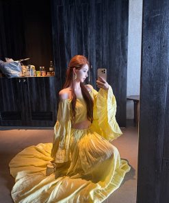 Lemon Print Lotus Leaf Sleeve Top and Flared Skirt Two-Piece Mid-Length Dress Set for Summer, Y2K Style