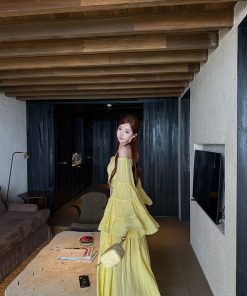 Lemon Print Lotus Leaf Sleeve Top and Flared Skirt Two-Piece Mid-Length Dress Set for Summer, Y2K Style