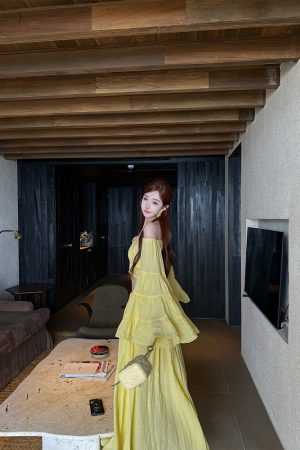 Lemon Print Lotus Leaf Sleeve Top and Flared Skirt Two-Piece Mid-Length Dress Set for Summer, Y2K Style