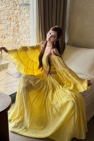 Lemon Print Lotus Leaf Sleeve Top and Flared Skirt Two-Piece Mid-Length Dress Set for Summer, Y2K Style