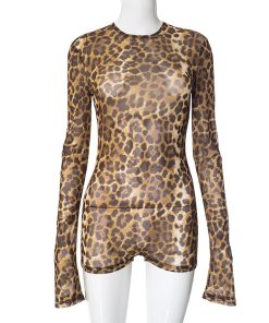 Leopard Print Backless Jumpsuit for Women - Autumn Winter Round Neck Pullover with Mesh Hollow Design - European American Style