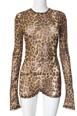 Leopard Print Backless Jumpsuit for Women - Autumn Winter Round Neck Pullover with Mesh Hollow Design - European American Style