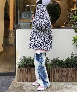 Leopard Print High Neck Jacket for Autumn Winter, Thick Cotton Coat, Loose Fit, Street Hip Hop Style, Trendy Casual Outerwear