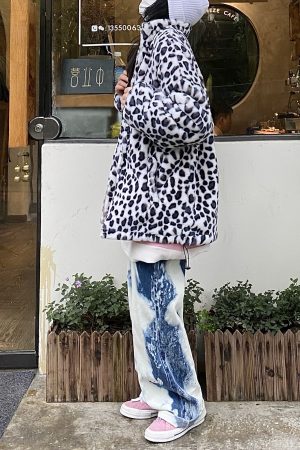 Leopard Print High Neck Jacket for Autumn Winter, Thick Cotton Coat, Loose Fit, Street Hip Hop Style, Trendy Casual Outerwear