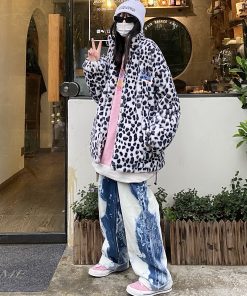 Leopard Print High Neck Jacket for Autumn Winter, Thick Cotton Coat, Loose Fit, Street Hip Hop Style, Trendy Casual Outerwear