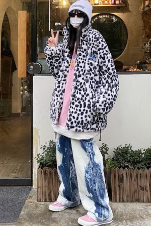 Leopard Print High Neck Jacket for Autumn Winter, Thick Cotton Coat, Loose Fit, Street Hip Hop Style, Trendy Casual Outerwear