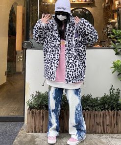 Leopard Print High Neck Jacket for Autumn Winter, Thick Cotton Coat, Loose Fit, Street Hip Hop Style, Trendy Casual Outerwear