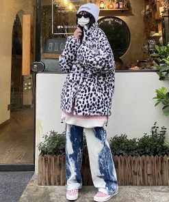 Leopard Print High Neck Jacket for Autumn Winter, Thick Cotton Coat, Loose Fit, Street Hip Hop Style, Trendy Casual Outerwear