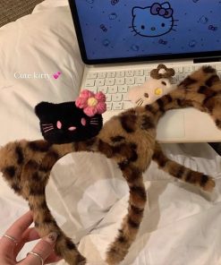 Leopard Print Plush Cat Headband for Women - Cozy Hairband for Face Washing, Mask Application, Autumn & Winter Accessory