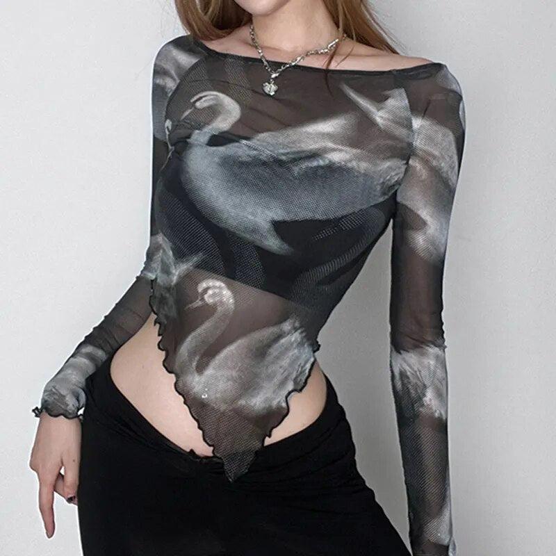 Light Academia Outfit Dress, Modest Fashion Outfits - Swan Graphic Asymmetrical Mesh Top Light Academia Outfit Dress, Modest Fashion Outfits - Swan Graphic Asymmetrical Mesh Top