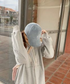 Light Blue Korean Style Corduroy Baseball Cap with Small Logo - Trendy Fit for Everyday Wear