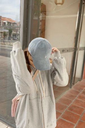 Light Blue Korean Style Corduroy Baseball Cap with Small Logo - Trendy Fit for Everyday Wear