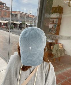 Light Blue Korean Style Corduroy Baseball Cap with Small Logo - Trendy Fit for Everyday Wear