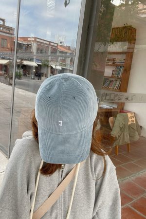 Light Blue Korean Style Corduroy Baseball Cap with Small Logo - Trendy Fit for Everyday Wear