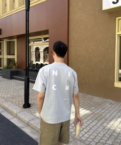 Light Blue Letter Print Short-Sleeve T-Shirt for Men, Summer American Casual Loose Fit, 90s Y2K Style Top