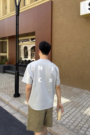 Light Blue Letter Print Short-Sleeve T-Shirt for Men, Summer American Casual Loose Fit, 90s Y2K Style Top