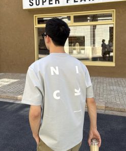 Light Blue Letter Print Short-Sleeve T-Shirt for Men, Summer American Casual Loose Fit, 90s Y2K Style Top