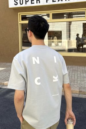 Light Blue Letter Print Short-Sleeve T-Shirt for Men, Summer American Casual Loose Fit, 90s Y2K Style Top